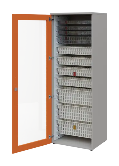 EUROMEDICA S - 66 skříň léková boxová, 1-dveřová/prosklená, levá, 1950x660x535, korpus šedý, dvířka mandarinka